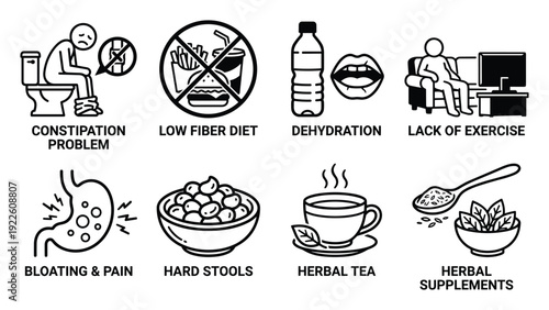 Infographic icons illustrating constipation causes like low fiber diet lack of exercise and dehydration