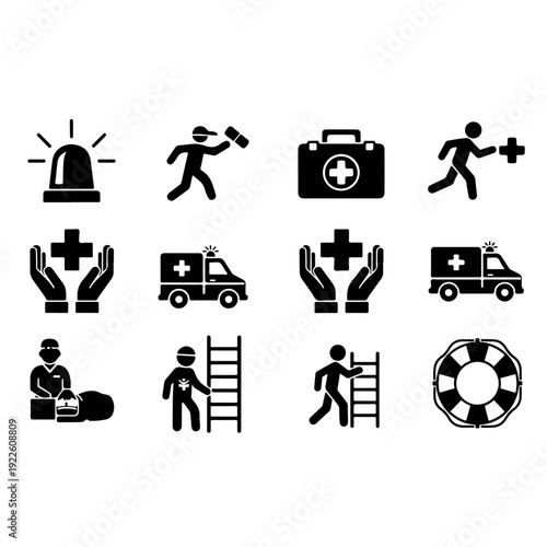 Emergency medical service icons set featuring ambulance sirens first aid kits rescue workers and healthcare symbols for hospital safety and urgent care vector illustration in black silhouette style.