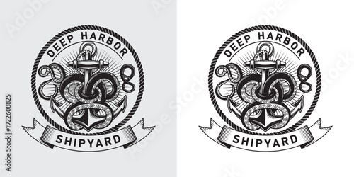 Deep Harbor Shipyard Anchor with Octopus Tentacles Nautical Emblem