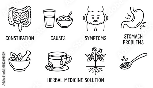 Digestive health symbols featuring intestinal tract anatomy with natural herbal medicine solution icons