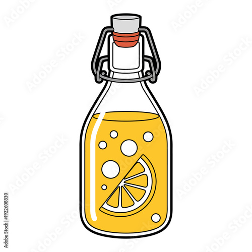 Cartoon illustration of a bottle with yellow liquid and lemon slice inside