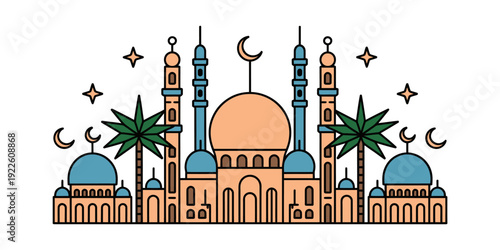 Islamic mosque with blue domes and minarets and palm trees at night