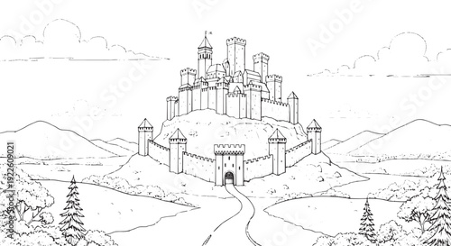 Medieval Hilltop Castle Fortress Line Art
