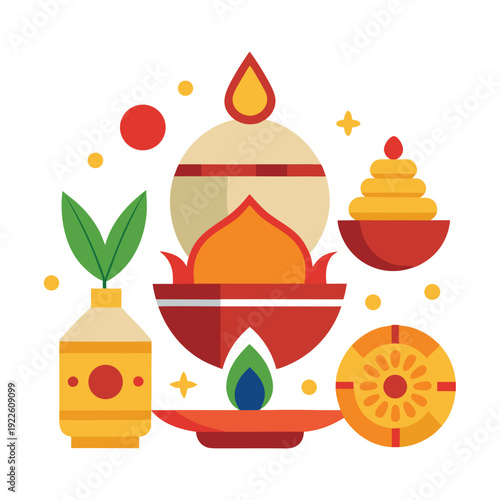 Colorful illustration depicting elements of hindu puja and traditional offerings