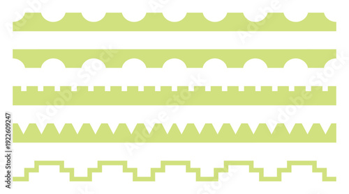 Decorative seamless borders with circles, squares, triangles and zigzags in chartreuse color