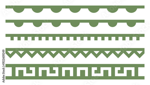 Decorative borders set, green seamless ornamental design, abstract shapes, Greek key pattern