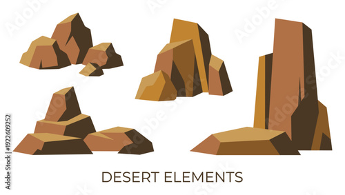 Desert rock formations vector illustration, brown and beige rock piles isolated on white background