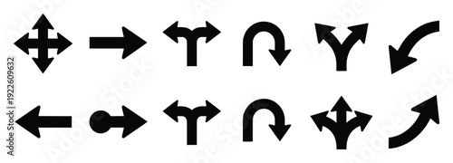 Directional arrows vector set, multiple shapes pointing different directions, black and white