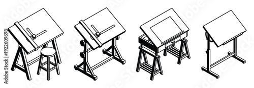 Drafting tables isometric illustrations, vintage drawing tables design