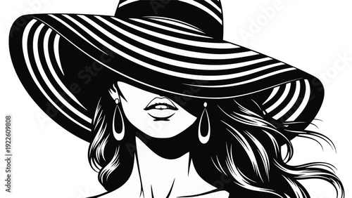 Vector illustration of a woman with a striped wide-brim hat wearing dangling earrings in a close-up portrait