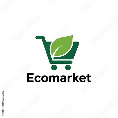 Green shopping cart with leaf logo for eco friendly e commerce market