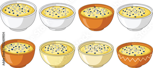 Bowl of porridge vector collection. Oatmeal and cereal breakfast illustration set with decorative bowls. Healthy morning food design for menu, packaging and organic branding.