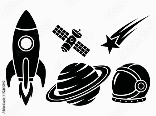 Space Exploration Icons Featuring Rocket, Satellite, Planet, Comet, and Helmet