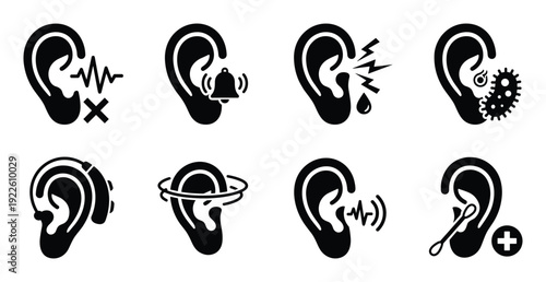 Ear Problems and Hearing Loss Icon Set, Deafness, Tinnitus