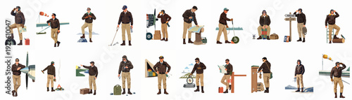 Collection of Vintage Aviator Illustrations: Male Pilot Engaged in Aviation, Exploration, and Wilderness Adventures