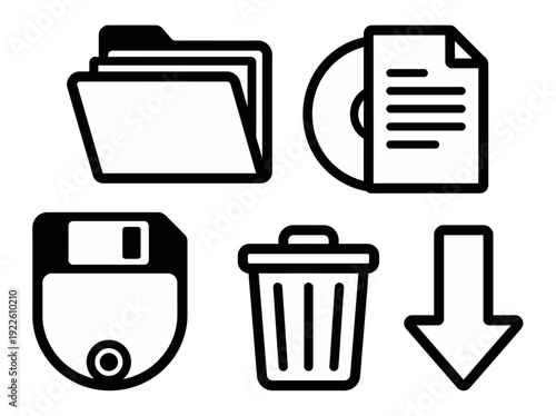 Computer icons set including folder, document, floppy disk, trash can, and download symbol in a simple design