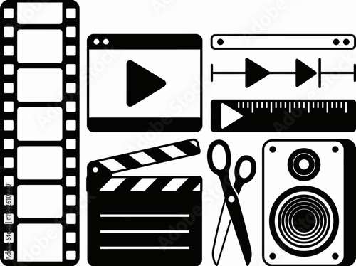 Creative video editing icons collection with filmstrip, scissors, and speaker