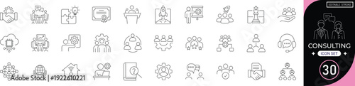 consulting icon set  business strategy, advisor, analysis, marketing, solution, planning, management, brainstorming, teamwork, editable line icons, vector illustration.