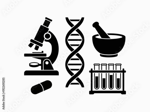 Collection of Laboratory Equipment and Symbols for Scientific Research and Experimentation