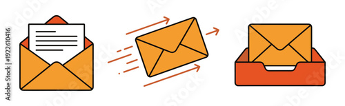 Email sending, receiving, and inbox vector illustration. Communication concept with orange envelopes.