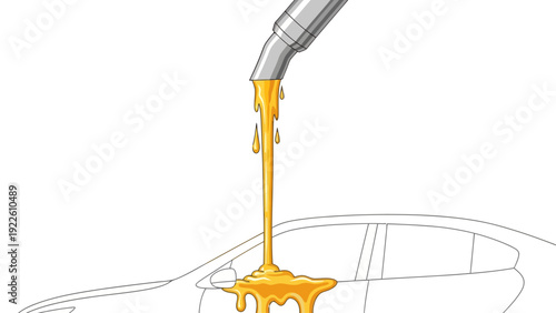 Illustration of thick amber liquid pouring from a nozzle onto a car outline