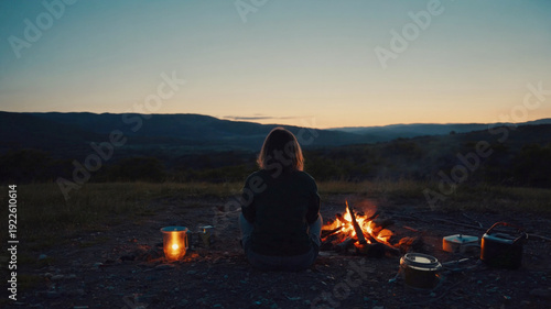 In the image, a man is sitting by a campfire against the background of sunset or dawn, mountains are visible in the distance, a lantern and dishes are nearby.