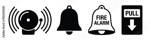 Fire alarm icons set: bell, fire alarm bell, pull station for emergencies. Safety symbols collection.