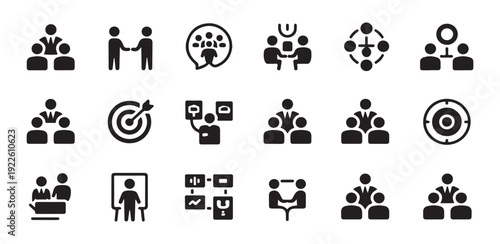 Business and collaboration icons representing teamwork, meetings, and strategic planning in vector format set