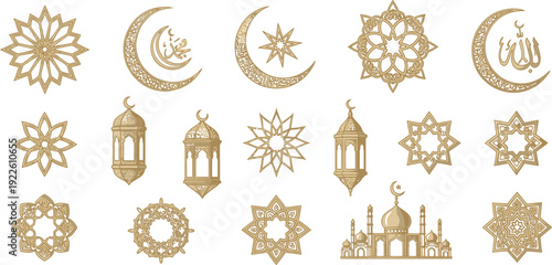 Ramadan and Eid vector icon set. Includes mosque, lantern, star, moon, and Arabic calligraphy symbols. Created in gold metallic style.