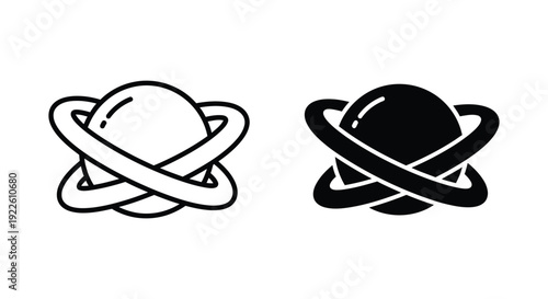 Minimalist Planet Icons with Rings in Outline and Solid Styles for Astronomy and Space Exploration Design