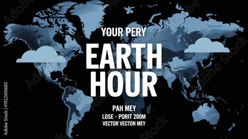 World map with clouds and earth hour text on black background