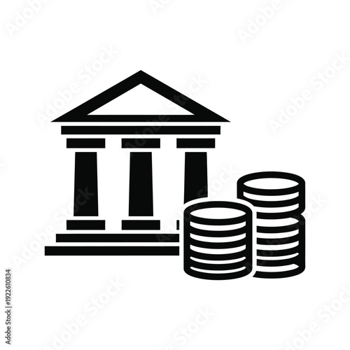 Vector illustration icon simple black and white bank building icon with columns and stacks of coins