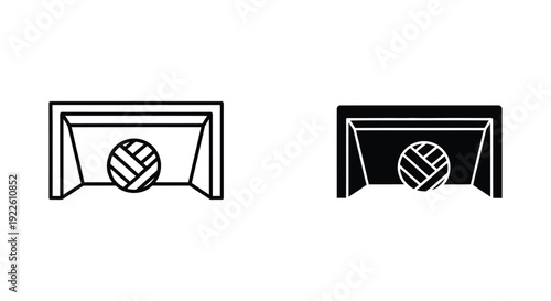 Set of minimalist soccer goal and football ball icons in outline and solid black styles for sports competition branding and game interface design