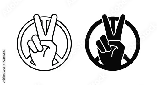 Minimalist peace and victory hand gesture icons featuring the classic peace symbol background for anti-war activism, social justice, and global harmony designs.