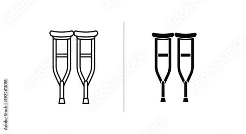 Minimalist medical crutches icon set in outline and solid styles for healthcare and injury recovery design