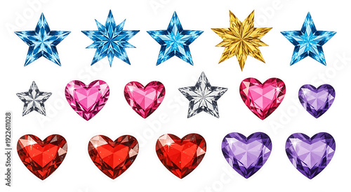 Star and heart jewels sticker set cut out on PNG, isolated on transparent background, decorative craft elements. AI generated.