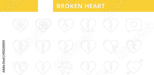Broken heart and emotional distress line icon set featuring cracked hearts sadness grief breakup relationship problems mental health awareness and divorce symbols for social media and psychology.