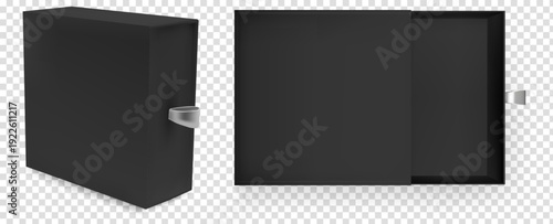 Black sleeve box mockup. Slide drawer gift for luxury packaging. 3d square cardboard packaging case open top view with realistic presentation. Isolated vector template set for jewelry product.
