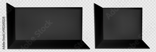 3d black booth set with corner stand and mockup wall for exhibition tradeshow. Empty square room with backdrop display space and office interior panel. Pop up store area perspective template vector.