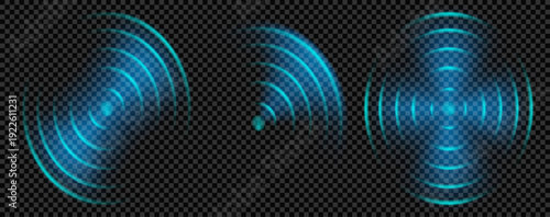 Sonar wave effect with radar signal and blue light ripple for tech. Neon 3d glow with radial circular echo in technology sensor. Abstract hud wireless network transparent background graphic