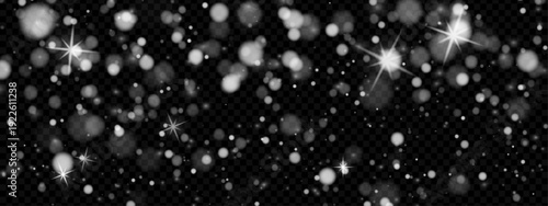 Transparent snow overlay with falling white flakes and light sparkle for winter background. Snowy effect with realistic frost and ice crystals on cold night. Vector isolated png texture.