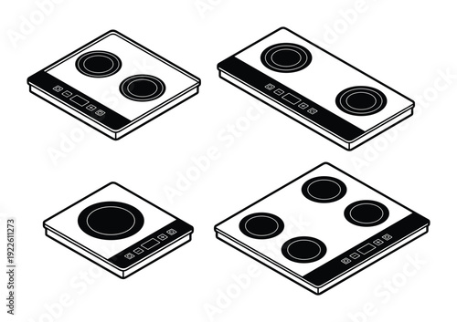 Four electric cooktops isometric view vector illustration
