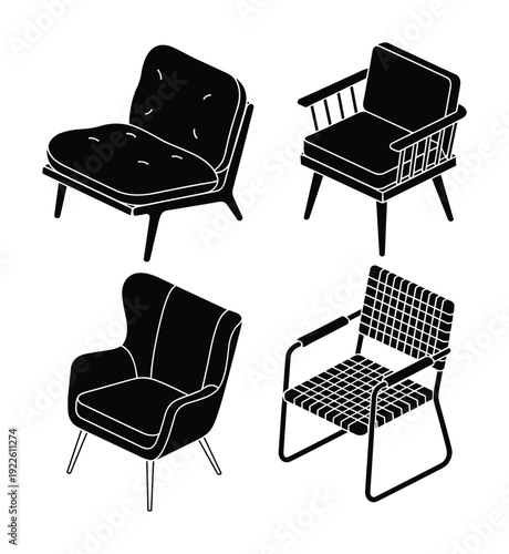 Four different styles black armchairs illustration set