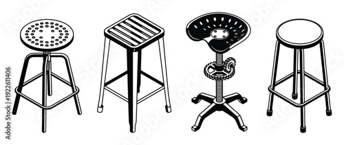 Four isometric industrial bar stools illustrations isolated