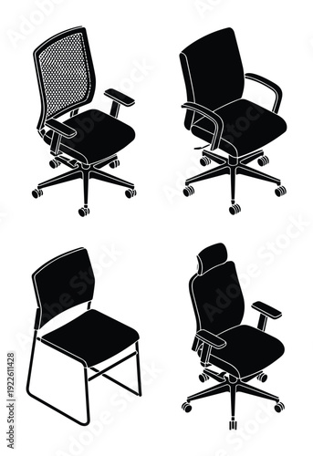 Four office chair illustrations, different styles on a white background, black and white drawing