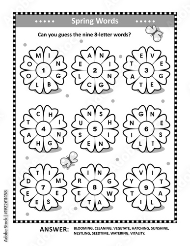Spring word puzzle (English language) with words written on petals around the flowers: Can you guess the nine 8-letter words? Answer included.
