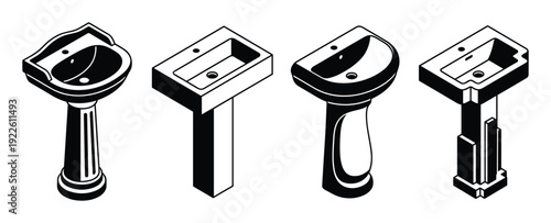Four pedestal sinks isometric vector illustration, different shapes styles, bathroom fixtures, wash basins