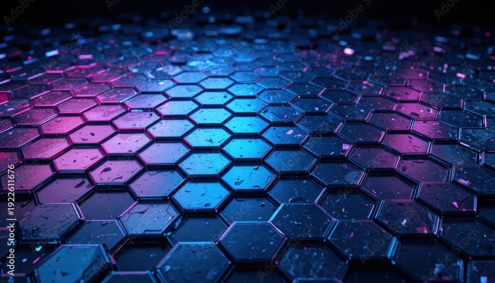 Obraz premium Abstract Hexagonal Pattern with Neon Glow in Black Background for Modern Design