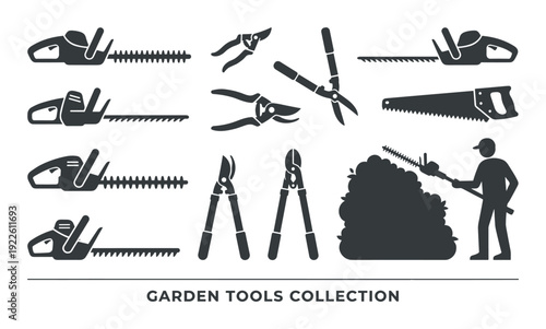 Garden tools collection vector set. Hedge trimmers, pruners, loppers and hand saw illustration