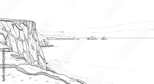 Seaside Cliff and Island Stacks Hand Drawn Art
